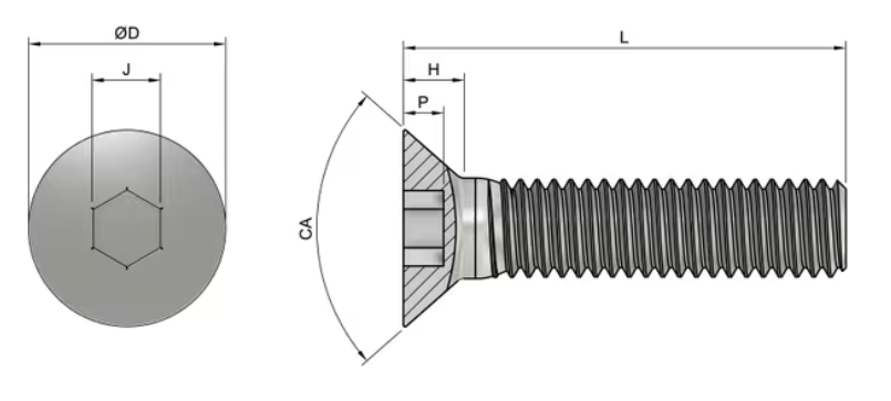 M2.5 x 20mm  Allen Csk (DIN 7991) - Stainless Steel 304 (A2-70)
