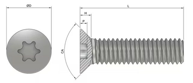 M5 x 25mm CSK Torx Countersunk Screws  (ISO 14581) - Stainless Steel – 304
